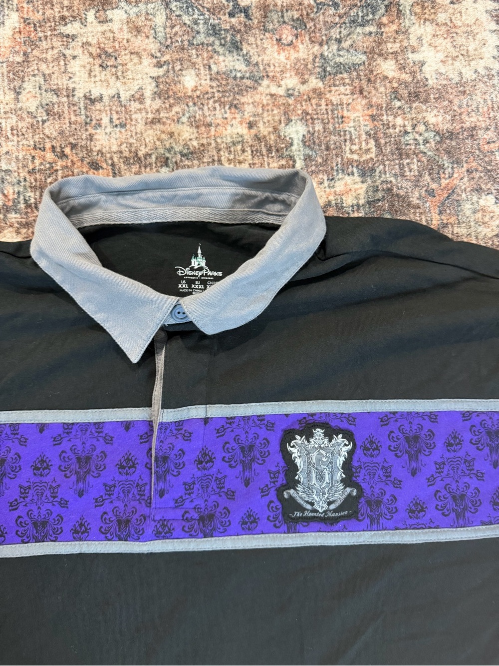 Disney Parks Haunted Mansion Men's 2XL Black Purple Damask Cotton LS Polo